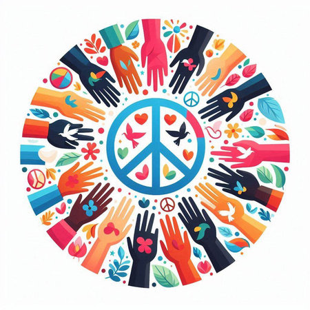 Hands around the peace symbol in circle shape. Vector illustration.のイラスト素材