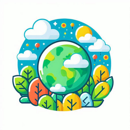 Green planet in the sky with clouds. Vector illustration in flat styleのイラスト素材