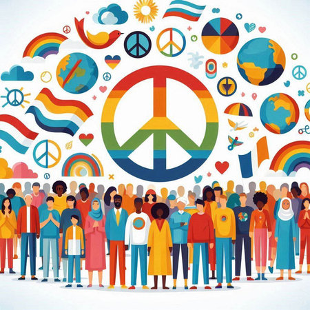World Peace Day. Group of diverse people standing together with peace sign and symbols around them. Vector illustration.のイラスト素材