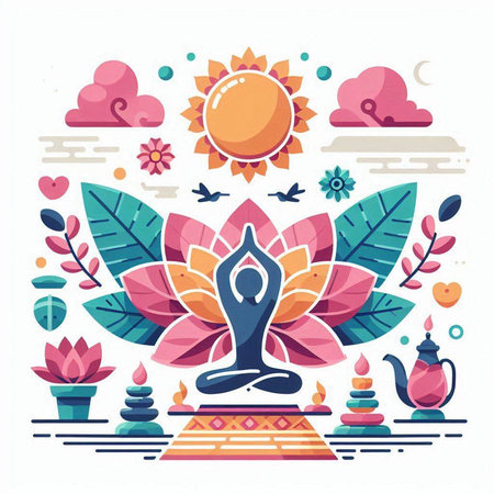Vector illustration in flat style with the image of yoga and meditation.のイラスト素材