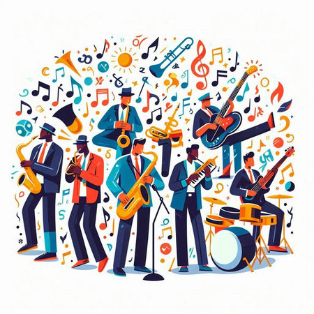 Musical band with instruments. Vector illustration in flat cartoon style.のイラスト素材