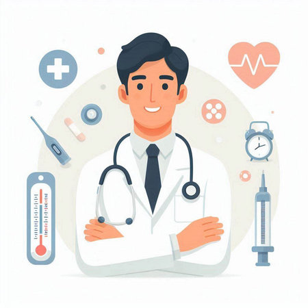 Doctor with stethoscope and medical icons. Vector illustration in flat styleのイラスト素材