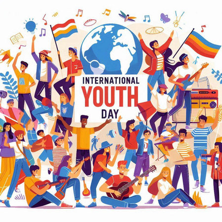 International Youth Day poster with people holding flags and musical instruments. Vector illustrationのイラスト素材