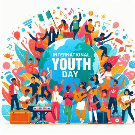 International Youth Day. Group of young people with musical instruments around the world. Vector illustration.のイラスト素材