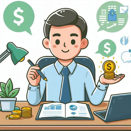 Businessman working at the office. Vector illustration in cartoon style.のイラスト素材