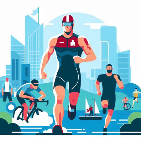 Cyclists running in the city. Vector illustration in flat styleのイラスト素材