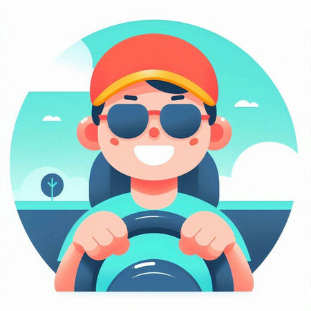 Boy driving a car on the road. Vector illustration in cartoon style.のイラスト素材