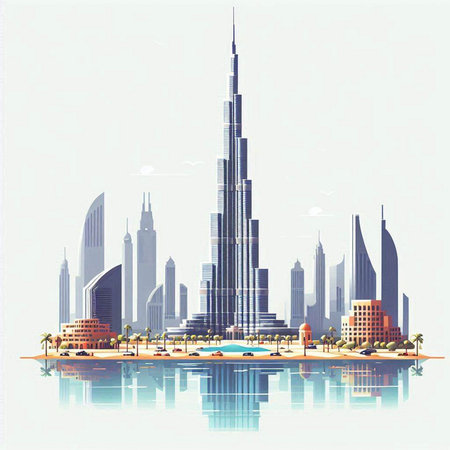 Dubai skyline with skyscrapers and palm trees. Vector illustration.のイラスト素材