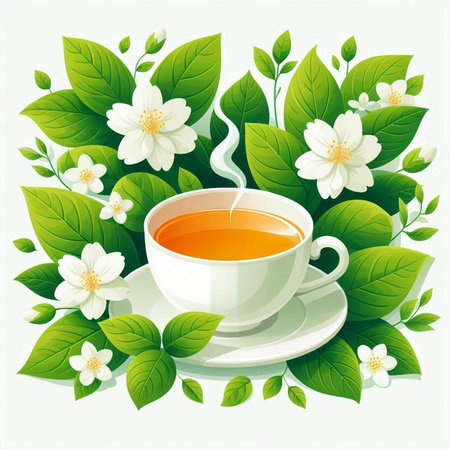 Cup of tea with jasmine flowers and leaves on white backgroundのイラスト素材