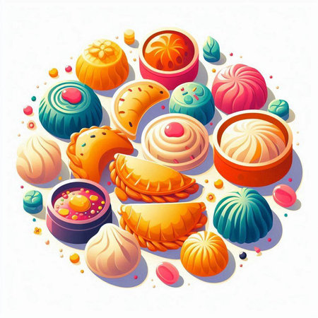 Baklava and other oriental sweets round composition. Vector illustration.のイラスト素材