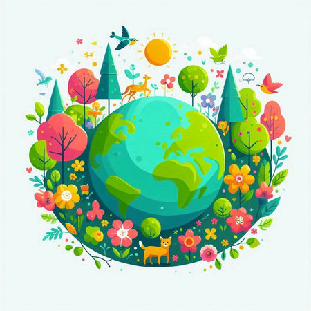 Vector illustration of Earth day greeting card with forest, flowers and animalsのイラスト素材