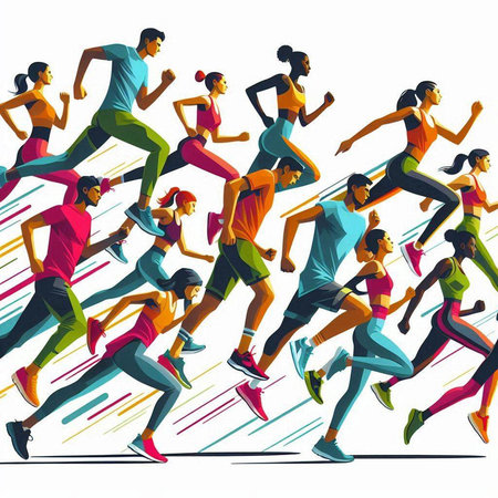 Group of running people. Colorful vector illustration in cartoon style.のイラスト素材