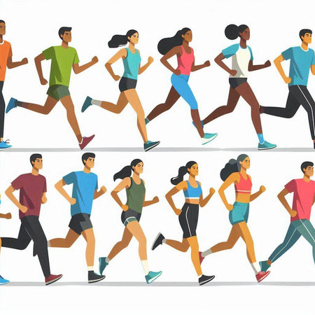 Running people, men and women, vector illustration. Flat design.のイラスト素材