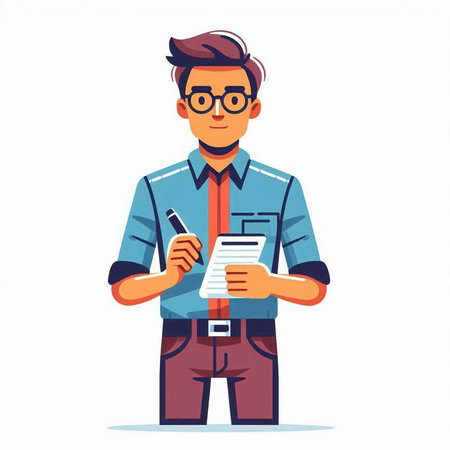 Handsome young man in casual clothes and glasses holding clipboard and pen. Vector illustration in cartoon styleのイラスト素材