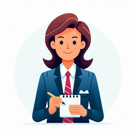 Businesswoman holding notepad and pen. Vector illustration in cartoon styleのイラスト素材