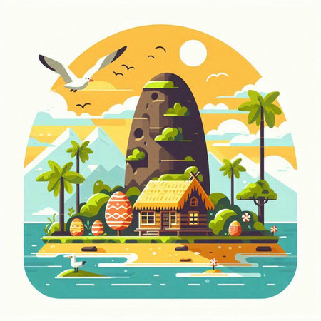 Tropical island with palm trees, house and seagulls. Vector illustrationのイラスト素材