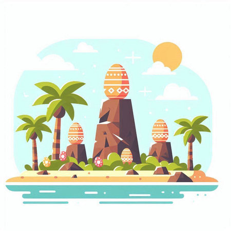 Colorful flat vector illustration of island with palm trees and easter eggsのイラスト素材