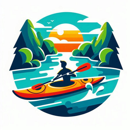 Kayaking on the lake in the forest. Vector illustration in retro style.のイラスト素材