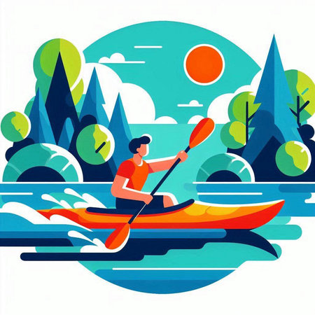 Man kayaking in the lake. Vector illustration in flat style.のイラスト素材
