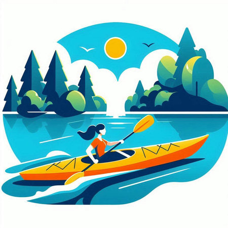 Girl kayaking in the lake on a sunny day, vector illustrationのイラスト素材