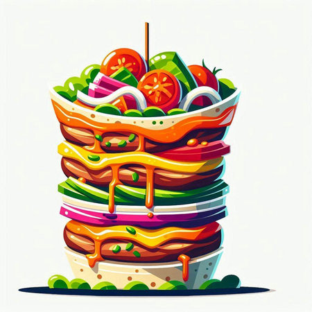 Vector illustration of a hamburger with lettuce, tomato, onion and sauce.のイラスト素材