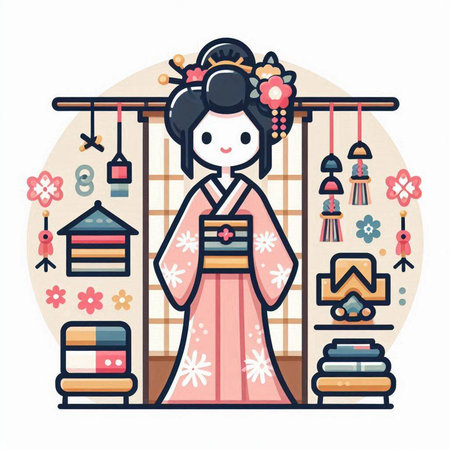 Japanese girl in kimono. Vector illustration in flat style.のイラスト素材