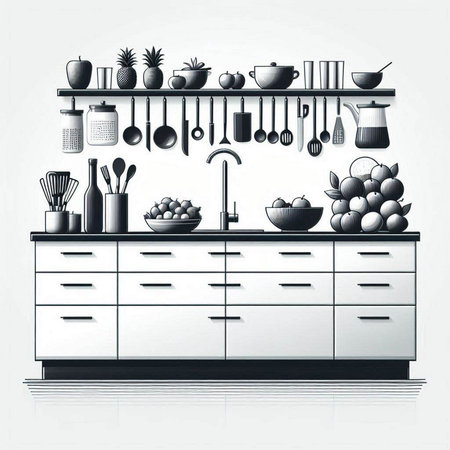 Kitchen interior with shelves and utensils. Vector illustration.のイラスト素材