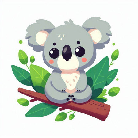 Cute koala sitting on a branch with leaves. Vector illustrationのイラスト素材