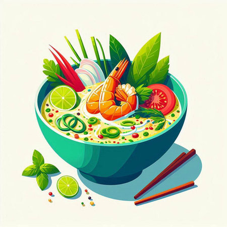 Vector illustration of a bowl of soup with shrimps and vegetablesのイラスト素材