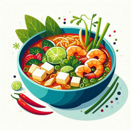 Noodle soup with shrimps and vegetables in bowl, vector illustrationのイラスト素材