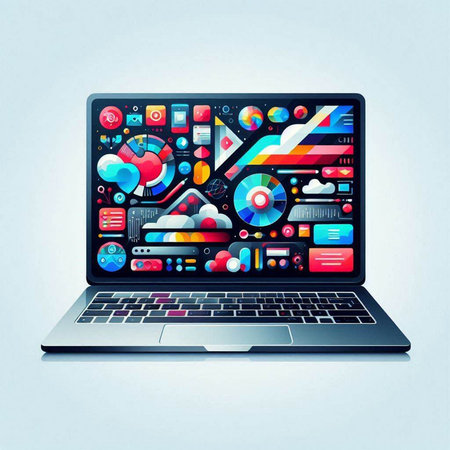 Laptop with colorful application icons on the screen. Vector illustration.のイラスト素材