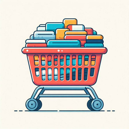 Shopping cart with a lot of shopping bags. Vector illustration.のイラスト素材