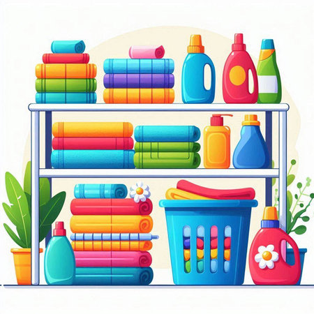 Illustration of a shelf with cleaning products. Vector illustration on white background.のイラスト素材