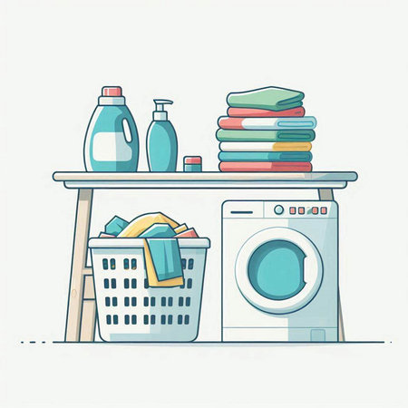 Laundry room with washing machine and laundry detergent, vector illustrationのイラスト素材