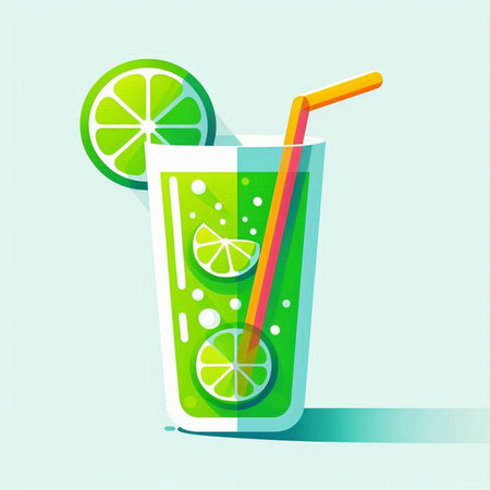 Cocktail with lime and straw. Vector illustration in flat styleのイラスト素材