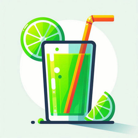 Vector illustration of a glass of fresh juice with lime and straw.のイラスト素材