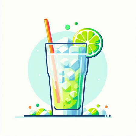 Cocktail with lime, ice and straw. Vector illustration.のイラスト素材