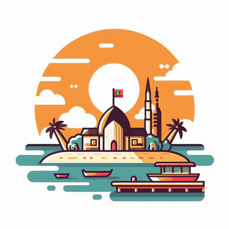 Vector illustration of mosque and ship in the sea. Flat style design.のイラスト素材