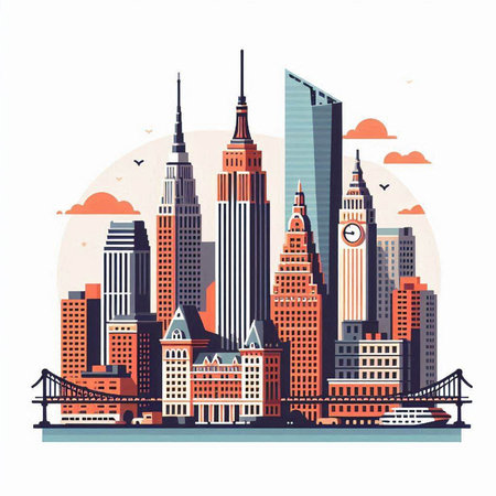 New York City skyline with skyscrapers. Vector illustration in flat styleのイラスト素材