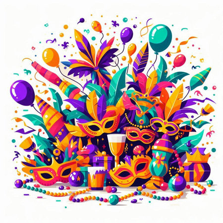 Mardi Gras party background with masks, gifts and confetti. Vector illustration.のイラスト素材