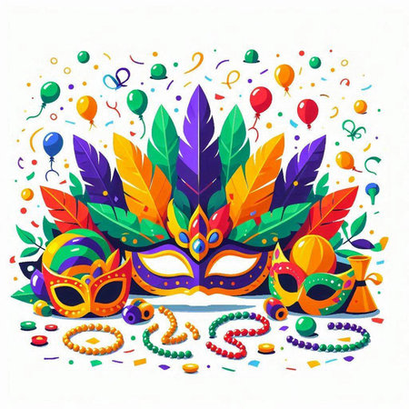 Mardi gras carnival mask with feathers and beads. Vector illustration.のイラスト素材