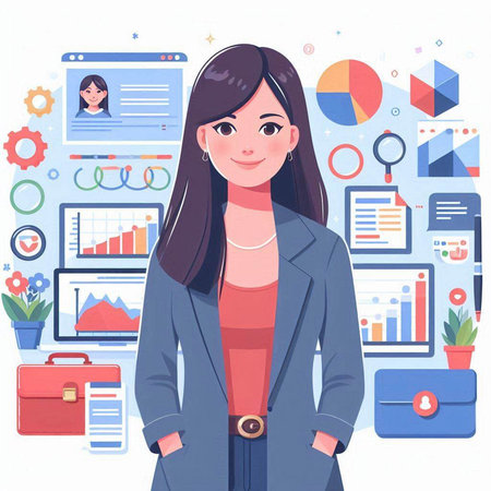 Portrait of a young business woman in the office. Vector illustration.のイラスト素材
