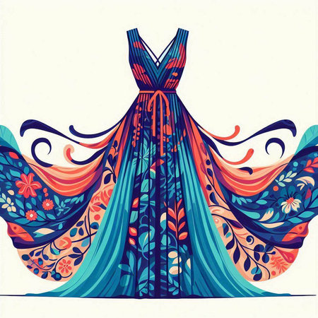 Fashion illustration of a beautiful dress with floral pattern. Vector illustration.のイラスト素材