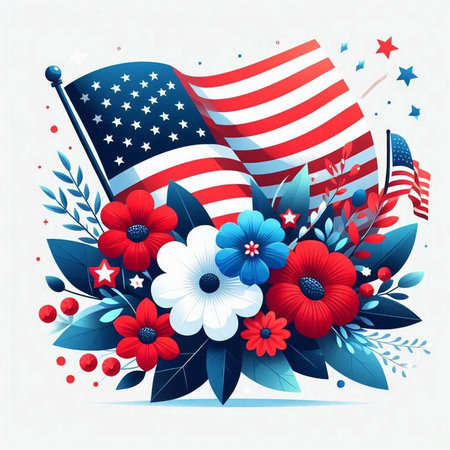 American flag with flowers and leaves. Vector illustration for your design.のイラスト素材