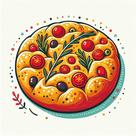 Illustration of pizza with olives, tomatoes and herbs. Vector illustration.のイラスト素材