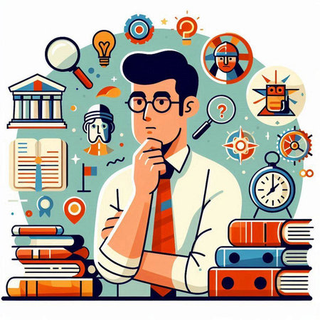 Vector illustration of a businessman thinking about the solution of a problem.のイラスト素材