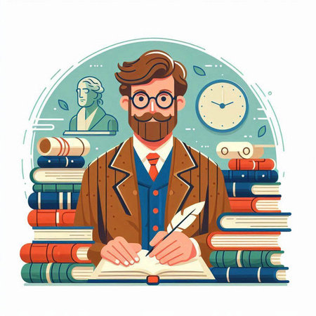 Vector illustration of a man in a suit and glasses writing in a book. Flat style.のイラスト素材