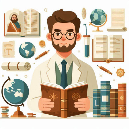 Vector illustration of a male scientist with a book in his hands.のイラスト素材