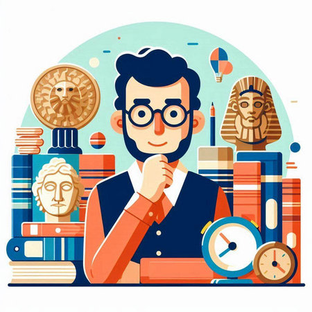 Man with glasses and books. Vector illustration in flat cartoon style.のイラスト素材