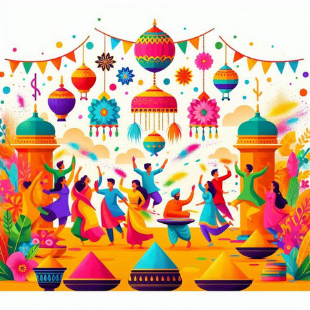 Happy Holi festival background with colorful flowers and people. Vector illustration.のイラスト素材
